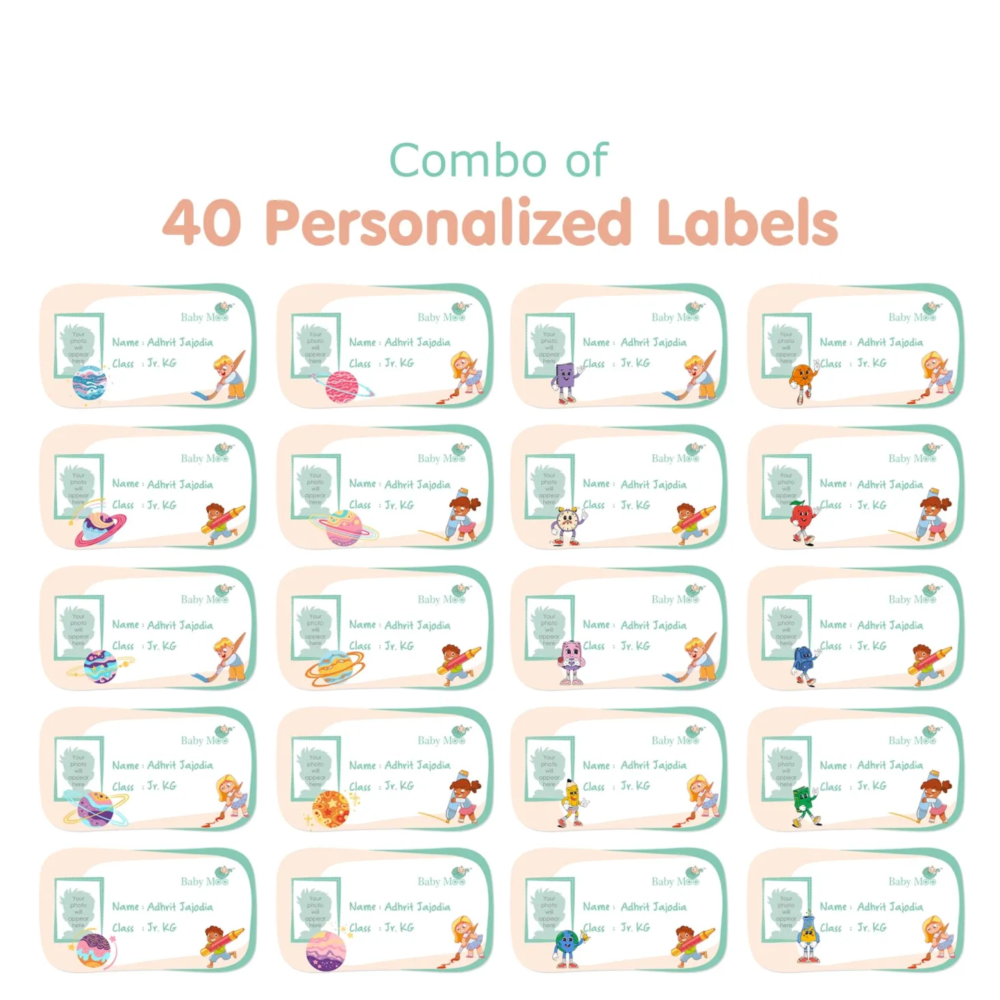 Baby Moo Space And Cartoons Personalised Photo And Name Waterproof Labels 40 Pcs Stationery Set For Children - Multicolour