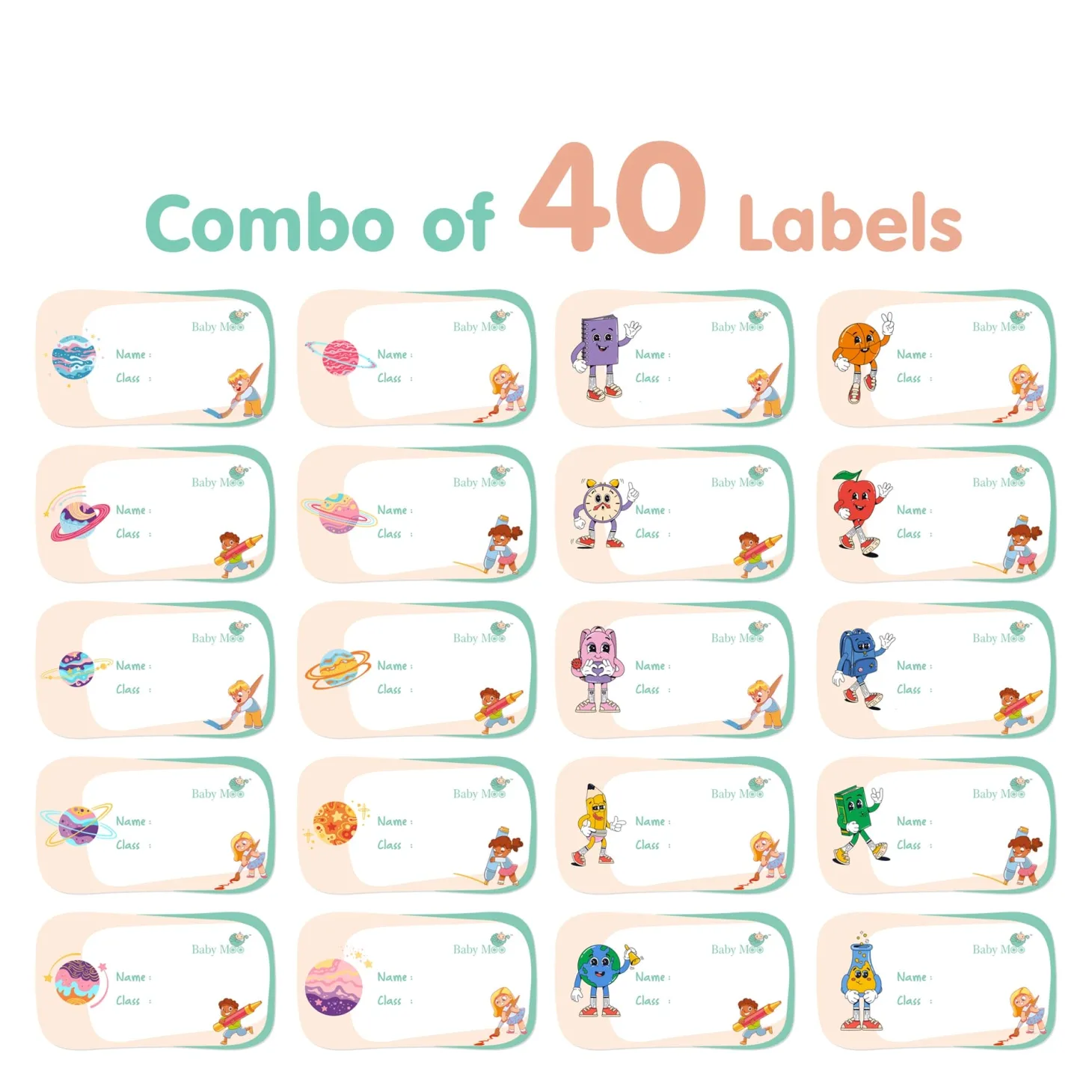Baby Moo Space And Cartoons Waterproof Labels 40 Pcs Stationery Set For Children - Multicolour