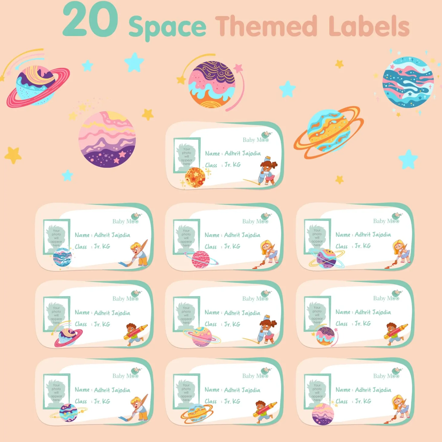Baby Moo Space And Cartoons Personalised Photo And Name Waterproof Labels 40 Pcs Stationery Set For Children - Multicolour