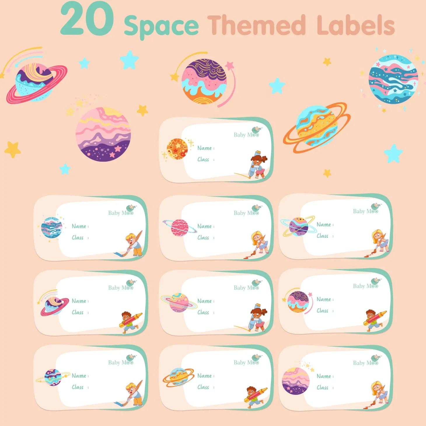 Baby Moo Space And Cartoons Waterproof Labels 40 Pcs Stationery Set For Children - Multicolour