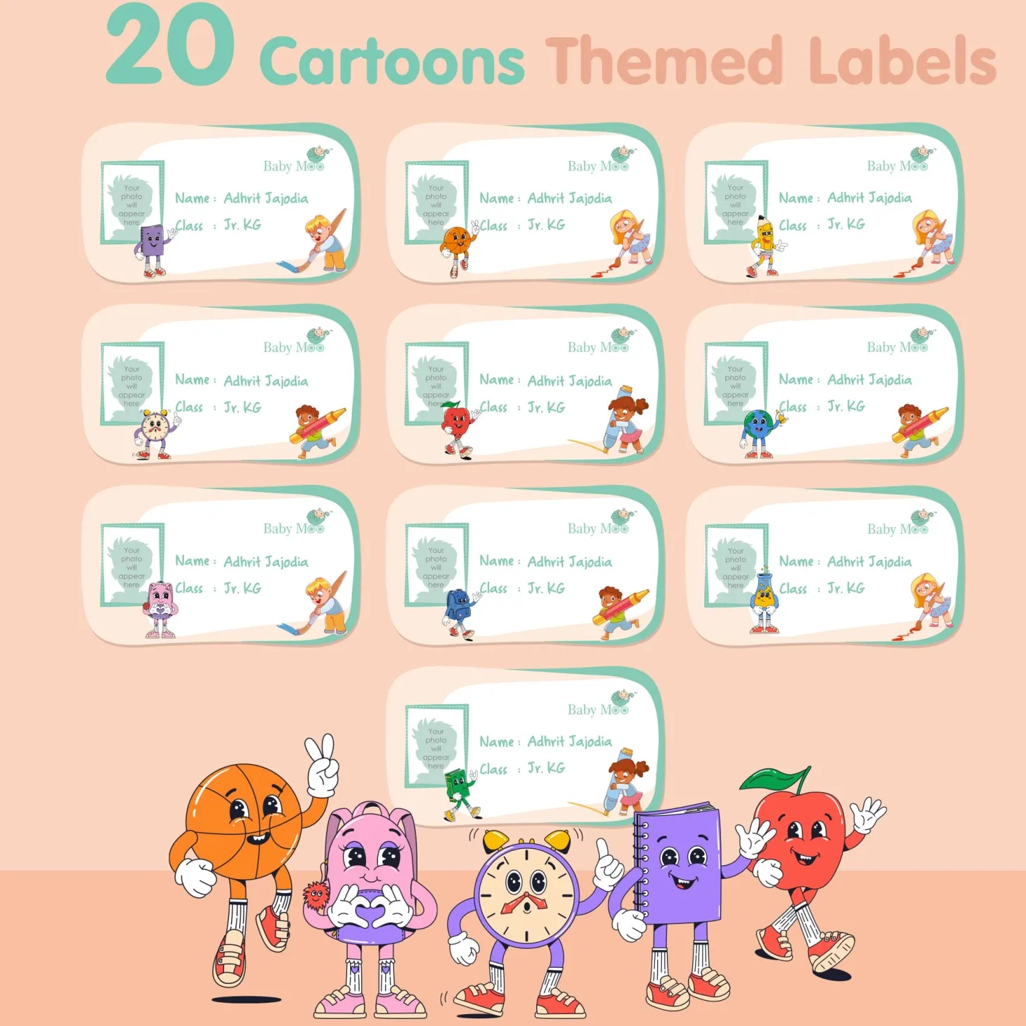 Baby Moo Space And Cartoons Personalised Photo And Name Waterproof Labels 40 Pcs Stationery Set For Children - Multicolour