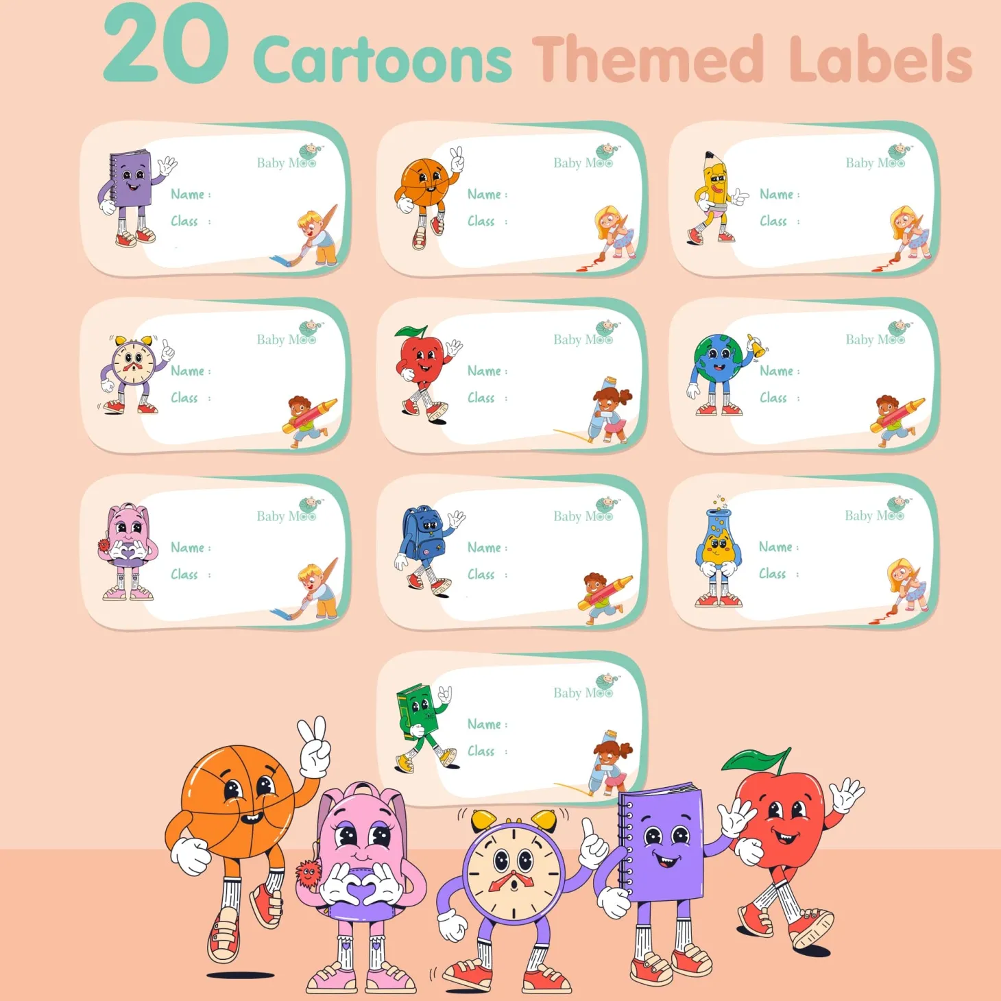 Baby Moo Space And Cartoons Waterproof Labels 40 Pcs Stationery Set For Children - Multicolour