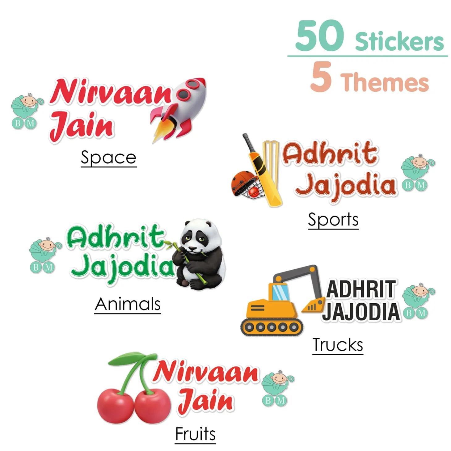 Baby Moo Space, Fruits, Animals, Truck, Sports Personalised Name Self Adhesive Transparent Embossed Stickers, 3D Labels 50 Pcs Stationery Set for Children - Multicolour