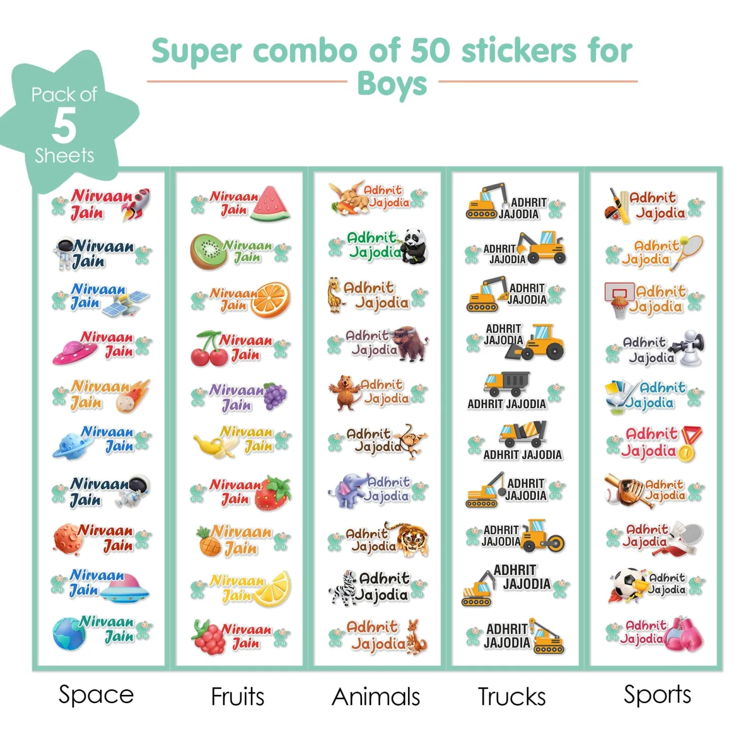 Baby Moo Space, Fruits, Animals, Truck, Sports Personalised Name Self Adhesive Transparent Embossed Stickers, 3D Labels 50 Pcs Stationery Set for Children - Multicolour