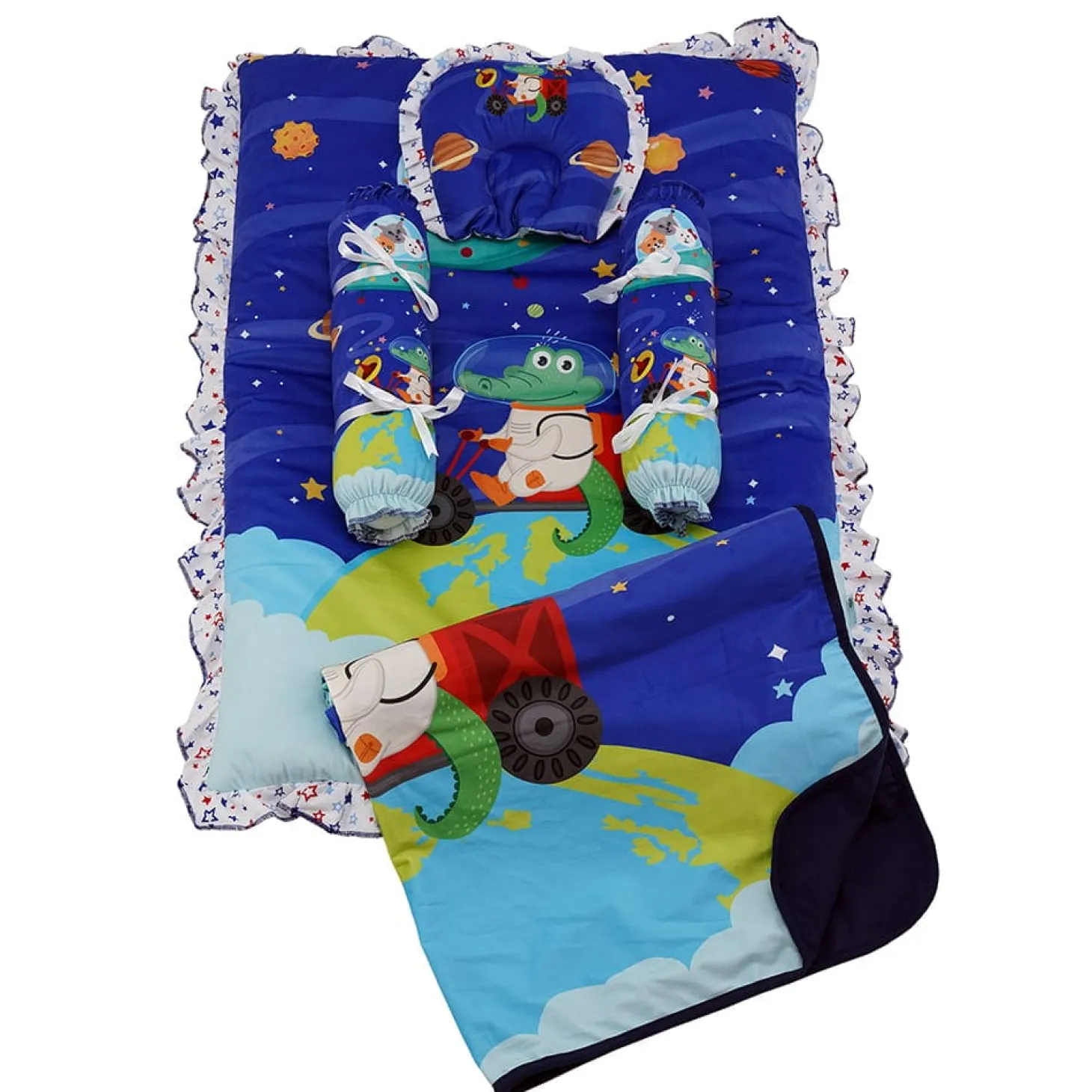 Baby Moo Space Soft Velvet U Pillow, Side Bolsters 5 Pcs Mattress And Blanket Set - Blue