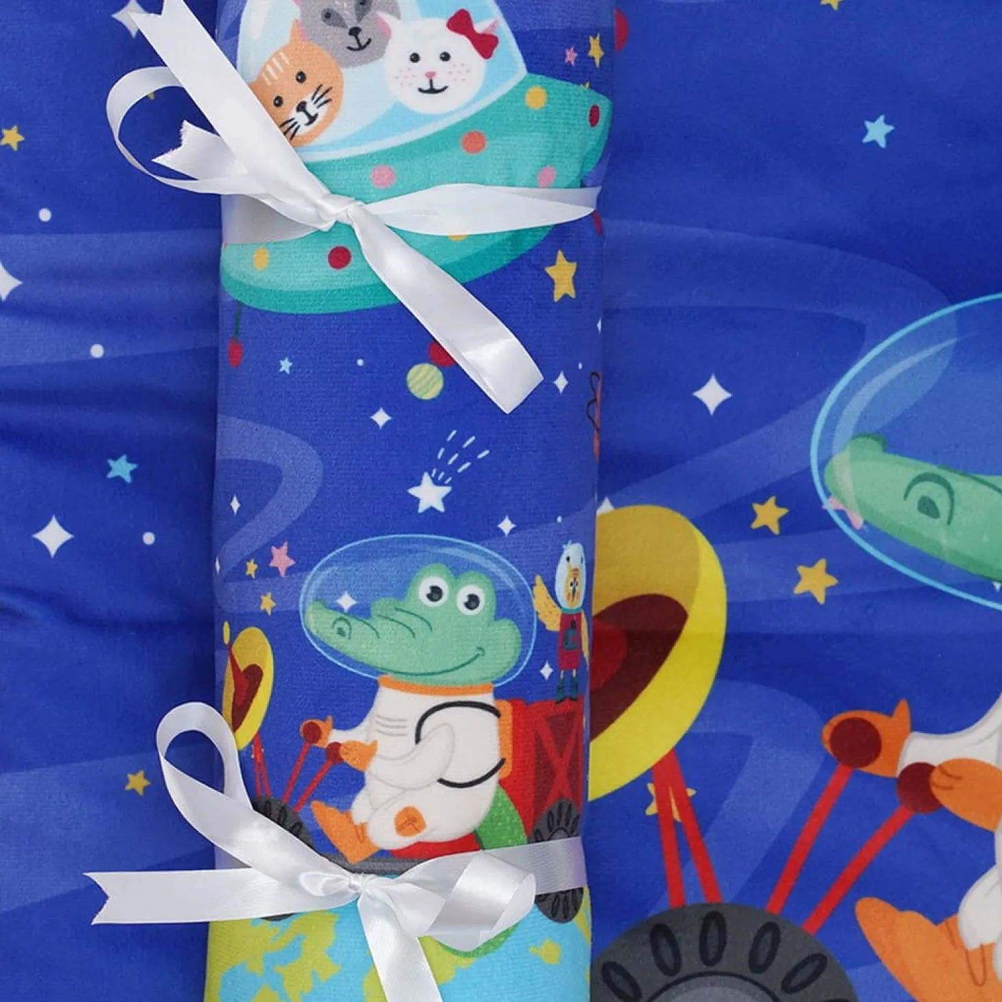 Baby Moo Space Soft Velvet U Pillow, Side Bolsters 5 Pcs Mattress And Blanket Set - Blue