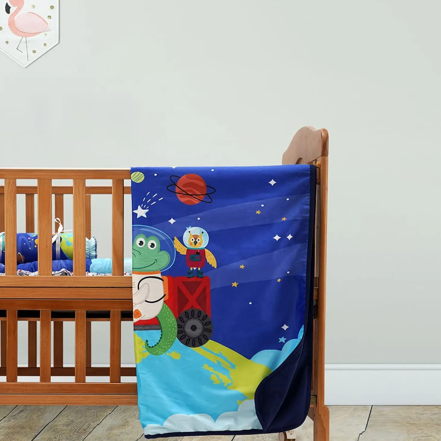 Baby Moo Space Soft Velvet U Pillow, Side Bolsters 5 Pcs Mattress And Blanket Set - Blue