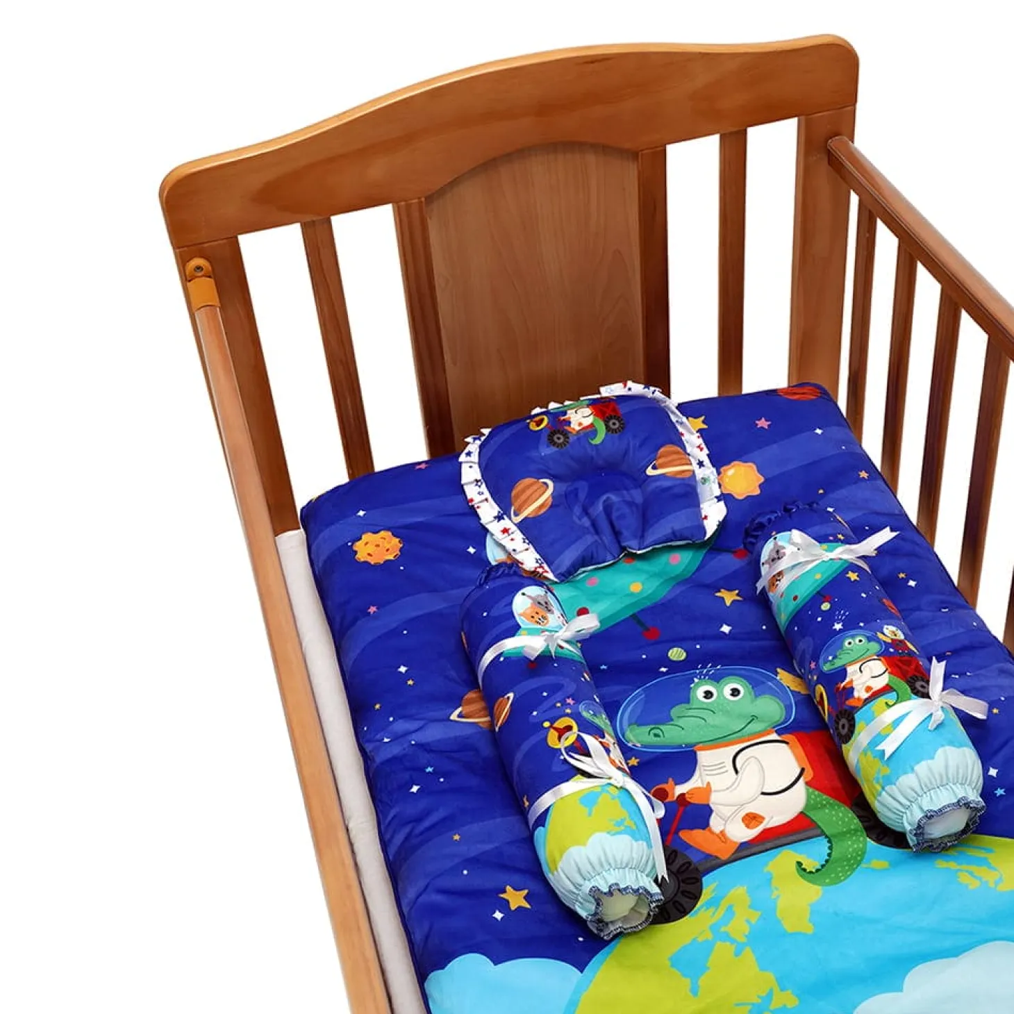 Baby Moo Space Soft Velvet U Pillow, 2 Side Bolsters Mattress Set - Blue