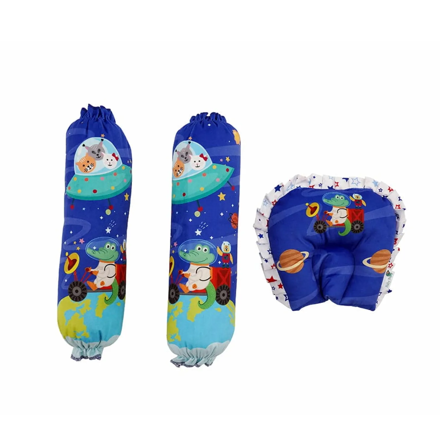 Baby Moo Space Velvet Side Bolster And U Shape Matching Pillow Set - Blue