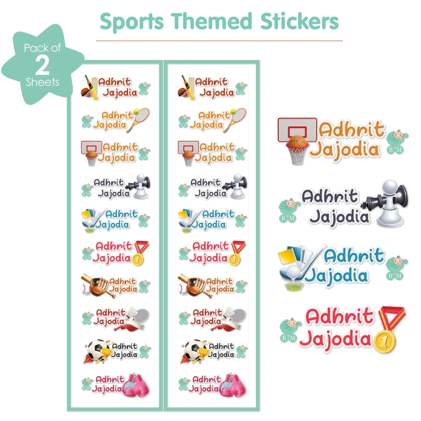 Baby Moo Sports Personalised Name Self Adhesive Transparent Embossed Stickers, 3D Labels 20 Pcs Stationery Set for Children - Multicolour