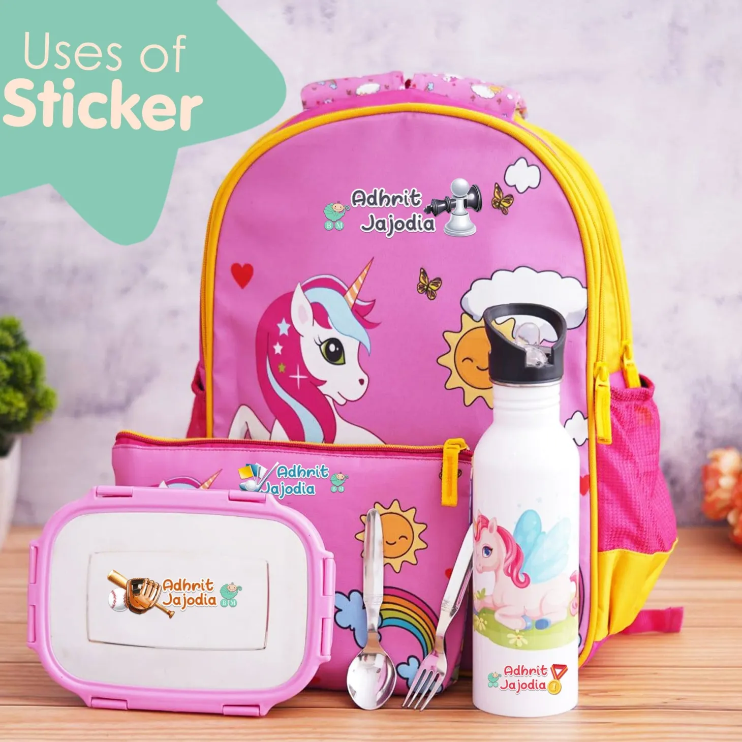 Baby Moo Sports Personalised Name Self Adhesive Transparent Embossed Stickers, 3D Labels 10 Pcs Stationery Set for Children - Multicolour