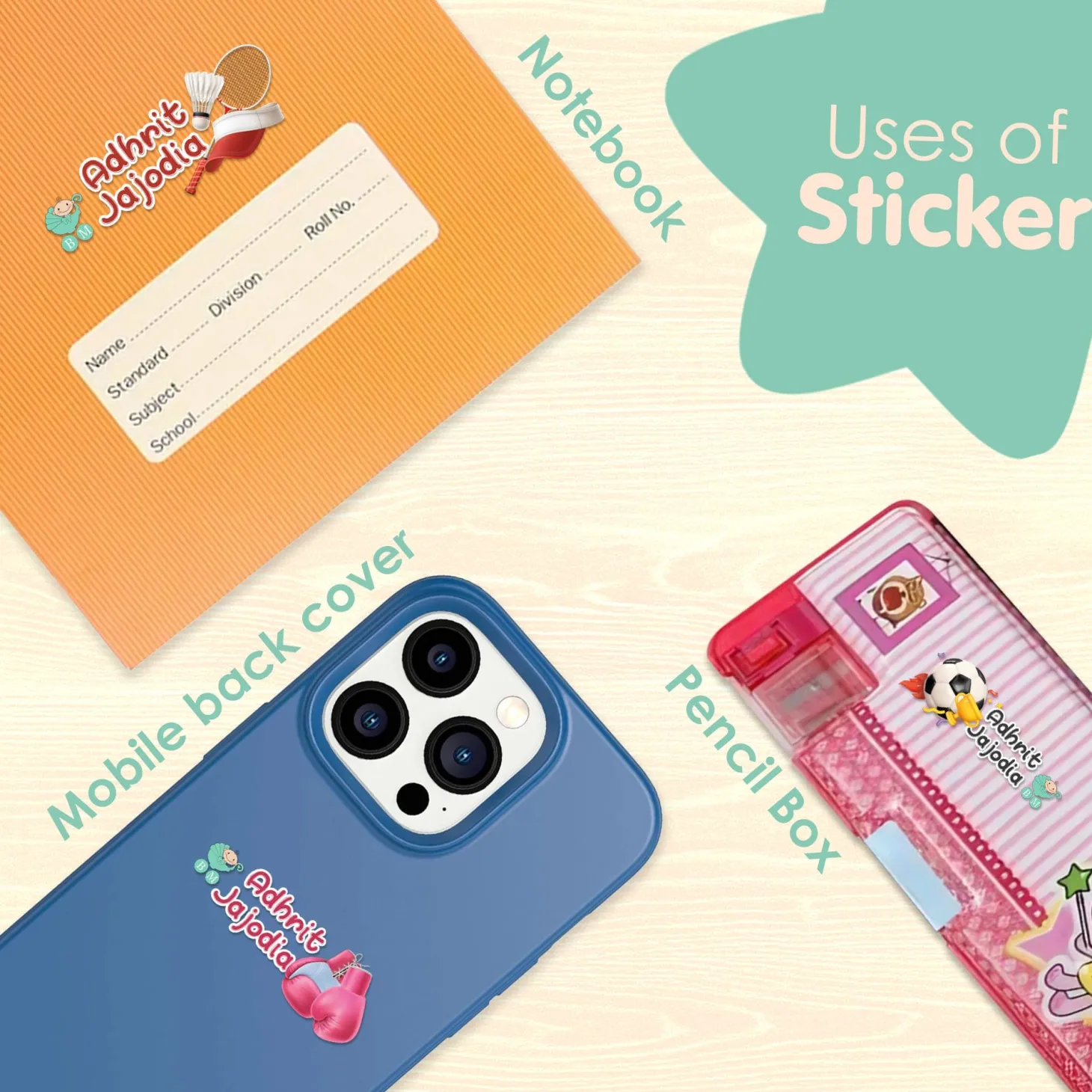 Baby Moo Sports Personalised Name Self Adhesive Transparent Embossed Stickers, 3D Labels 20 Pcs Stationery Set for Children - Multicolour