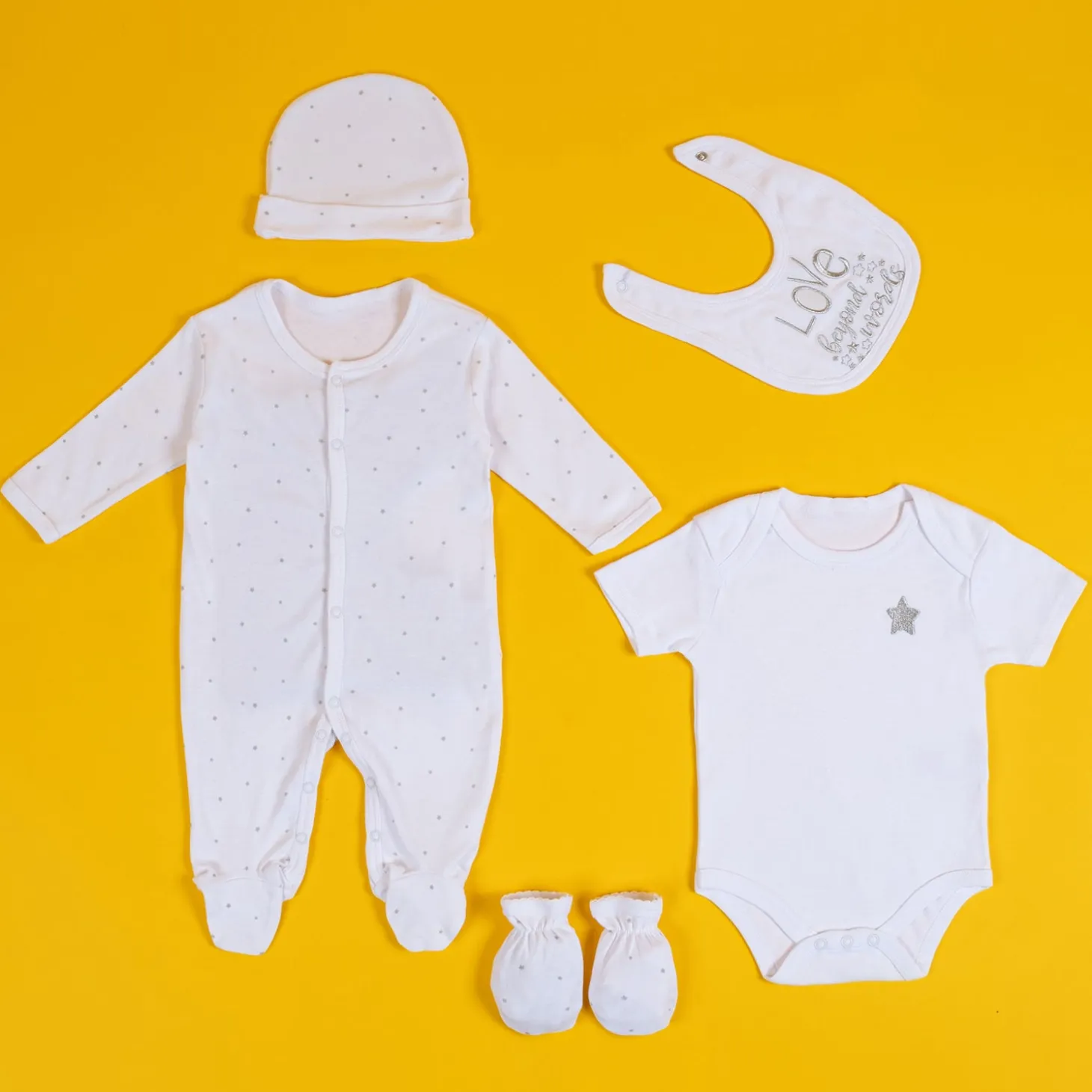 Baby Moo Star Love Gift Set 5 Piece With Bodysuits, Bib, Cap, Mittiens - White