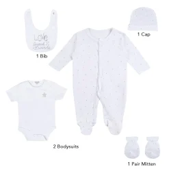 Baby Moo Star Love Gift Set 5 Piece With Bodysuits, Bib, Cap, Mittiens - White