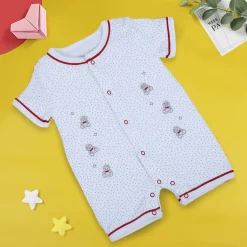 Baby Moo Star Teddy Embroidered Soft Cotton Short Romper - White