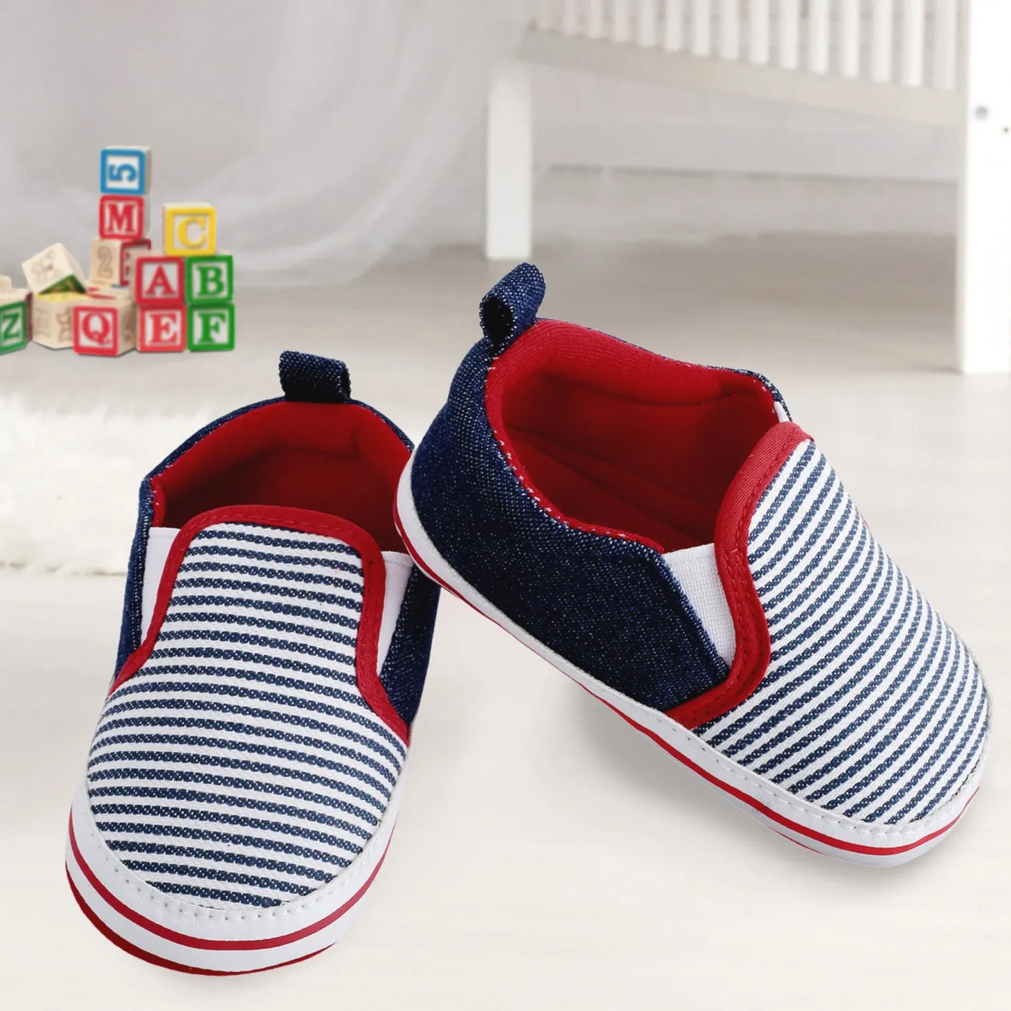 Baby Moo Striped Blue Slip-On Booties