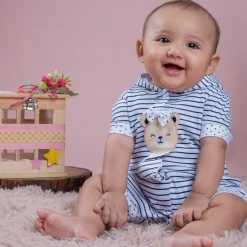 Baby Moo Striped Blushing Bear Hooded Short Romper - Grey