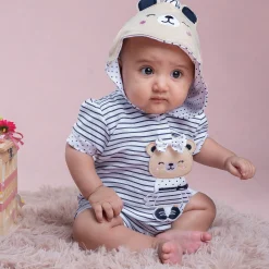 Baby Moo Striped Blushing Bear Hooded Short Romper - Grey