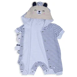 Baby Moo Striped Blushing Bear Hooded Short Romper - Grey