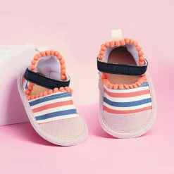 Baby Moo Striped Handmade Pom Pom Trim Velcro Straps Anti-Skid Booties - Peach, White