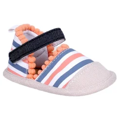 Baby Moo Striped Handmade Pom Pom Trim Velcro Straps Anti-Skid Booties - Peach, White