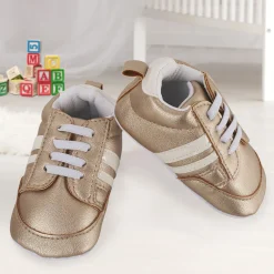 Baby Moo Striped Metallic Gold Lace Up Sneakers Booties