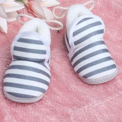 Baby Moo Striped Soft Slip-On Anti-Skid Plush Warm Booties - Grey