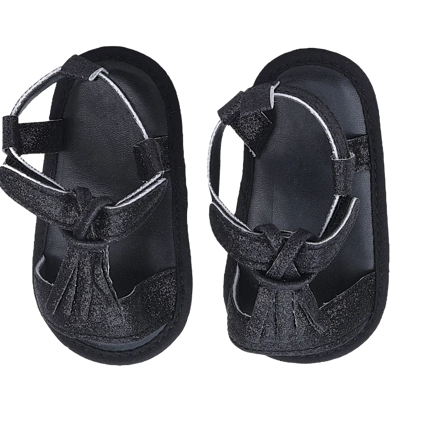 Baby Moo Stylish Tassel All Season Glitter Velcro Straps Anti-Skid Sandals - Black