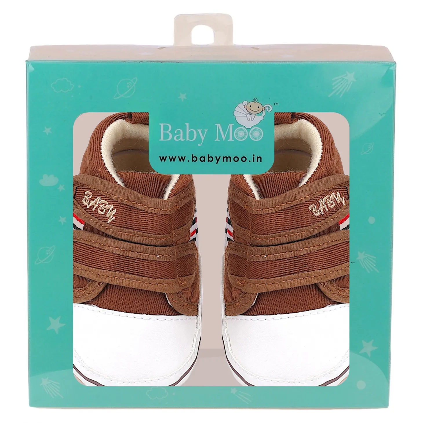 Baby Moo Stylish Velcro Strap Anti-Skid Canvas Sneakers - Brown, White