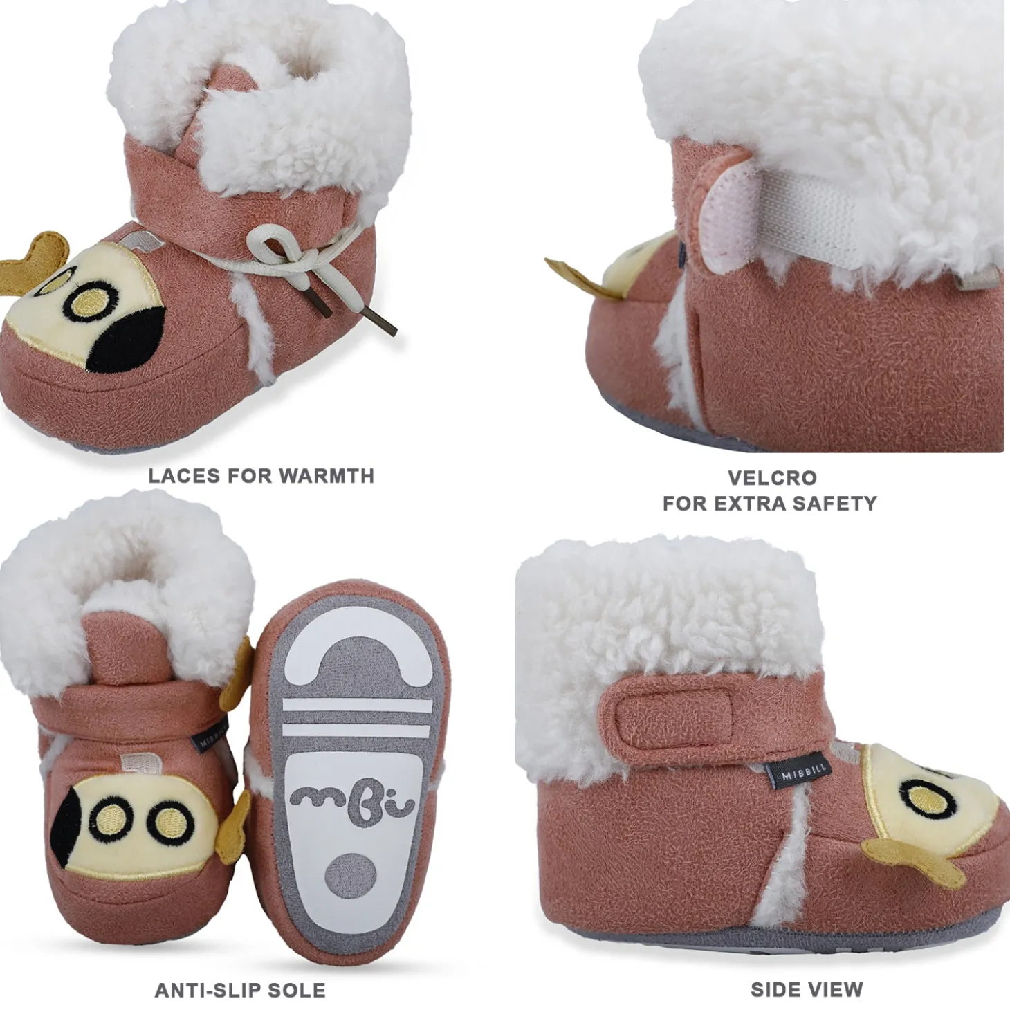 Baby Moo Submarine Velcro Warm Furry Booties - Pink