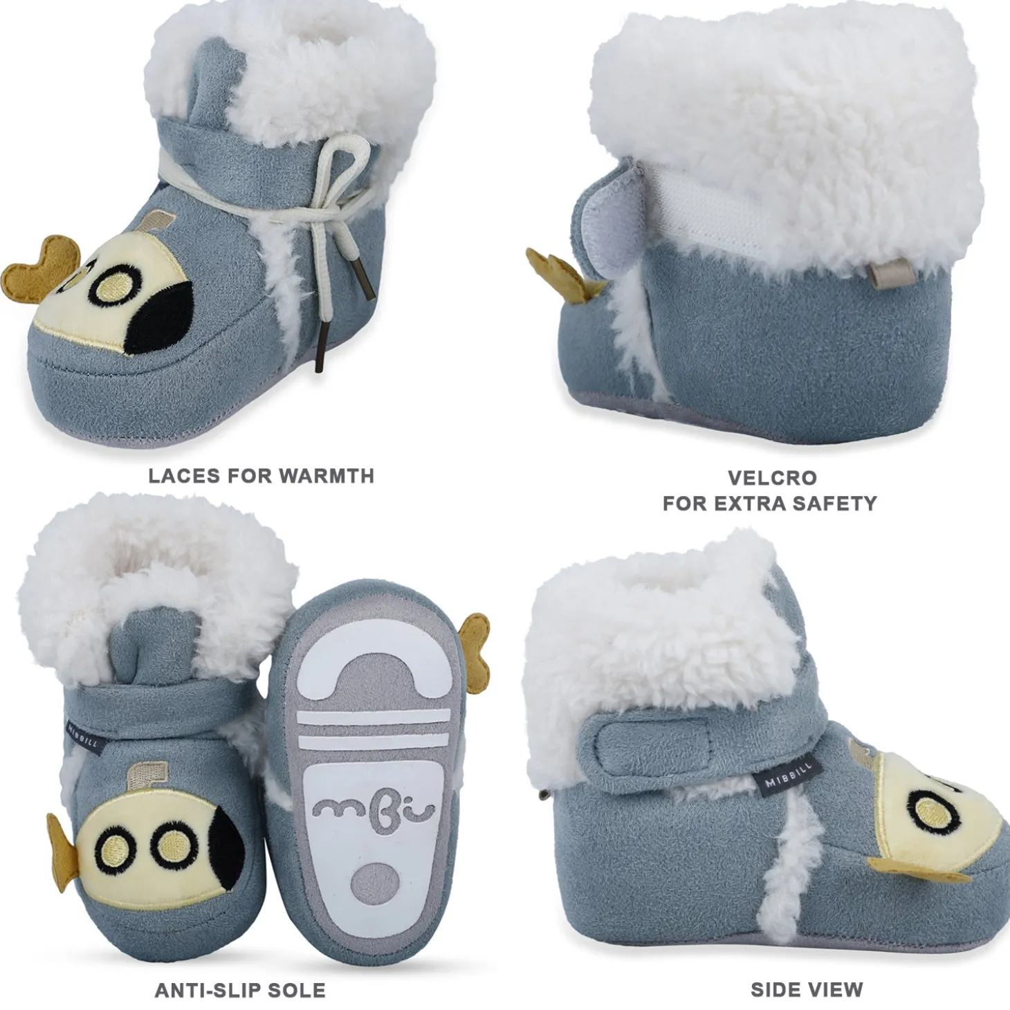 Baby Moo Submarine Velcro Warm Furry Booties - Blue