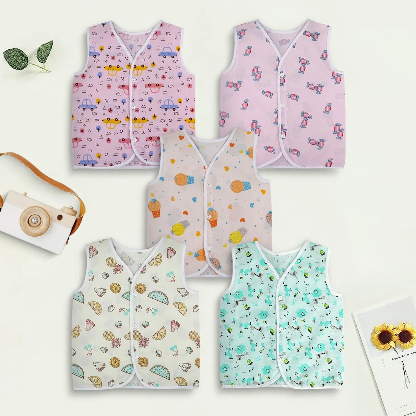 Baby Moo Sugar Rush Multi Print V-Neck Sleeveless Front Opening Button Cotton Jhablas 5 Pcs - Pink, Multicolour