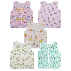 Baby Moo Sugar Rush Multi Print V-Neck Sleeveless Front Opening Button Cotton Jhablas 5 Pcs - Pink, Multicolour