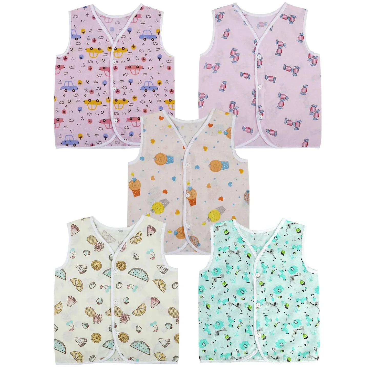 Baby Moo Sugar Rush Multi Print V-Neck Sleeveless Front Opening Button Cotton Jhablas 5 Pcs - Pink, Multicolour