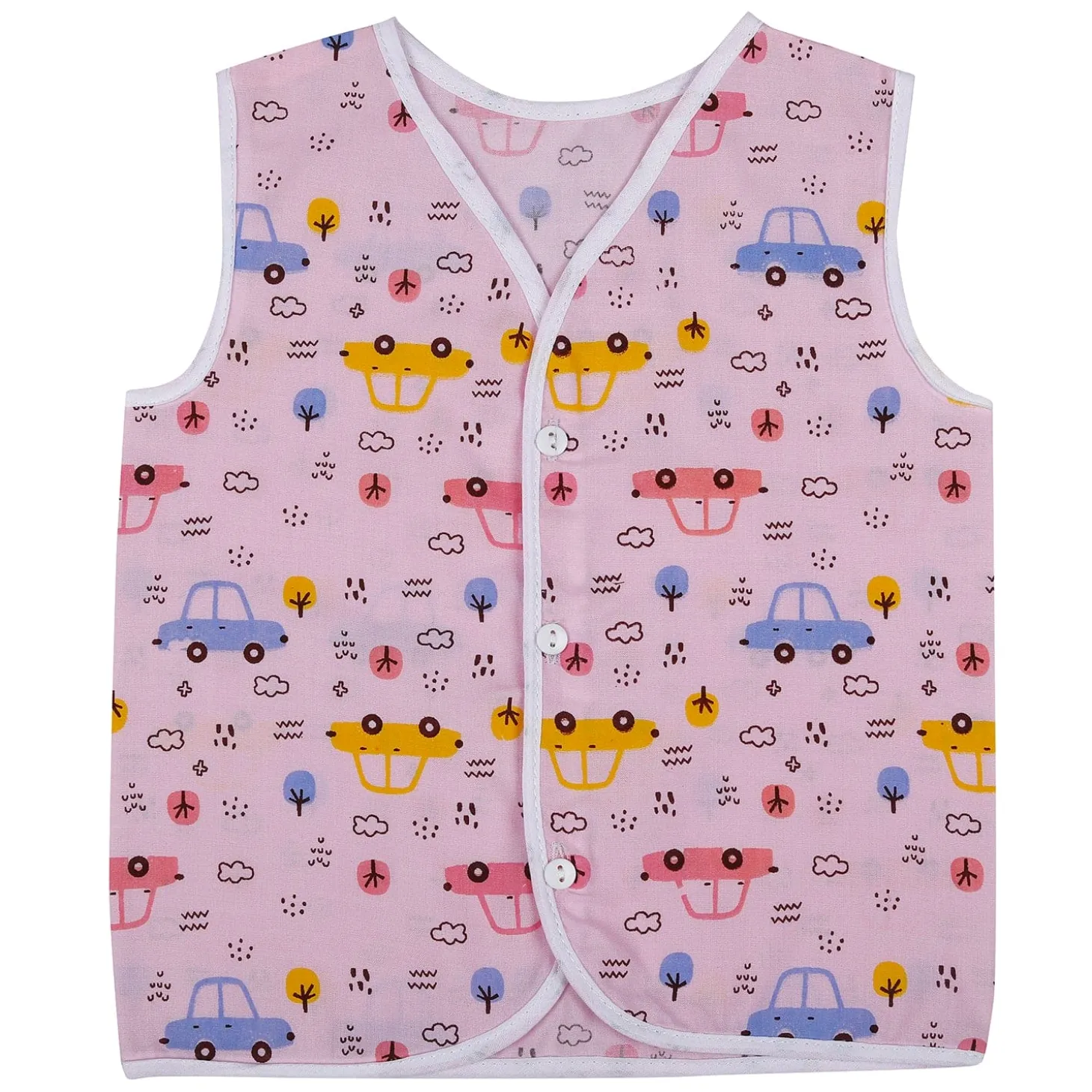 Baby Moo Sugar Rush Multi Print V-Neck Sleeveless Front Opening Button Cotton Jhablas 5 Pcs - Pink, Multicolour