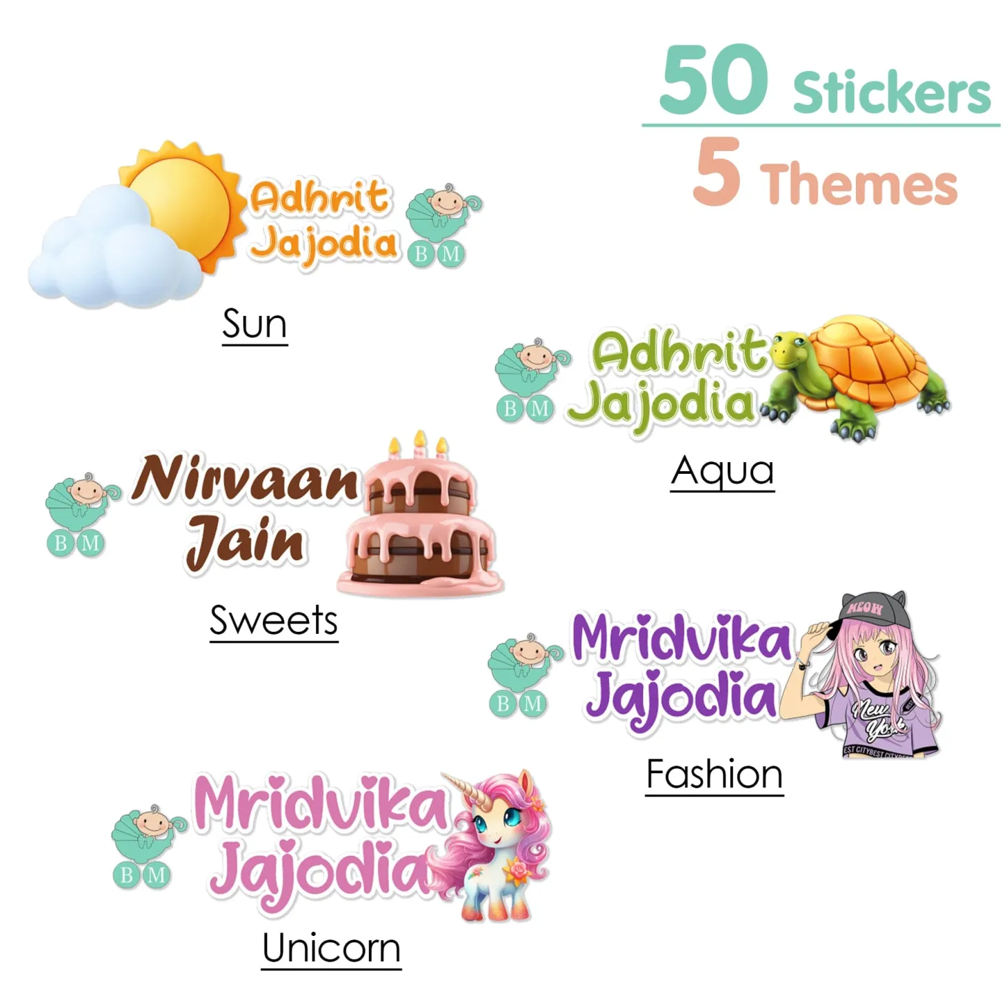 Baby Moo Sun, Aqua, Unicorn, Sweets, Fashion Personalised Name Self Adhesive Transparent Embossed Stickers, 3D Labels 50 Pcs Stationery Set for Children - Pink