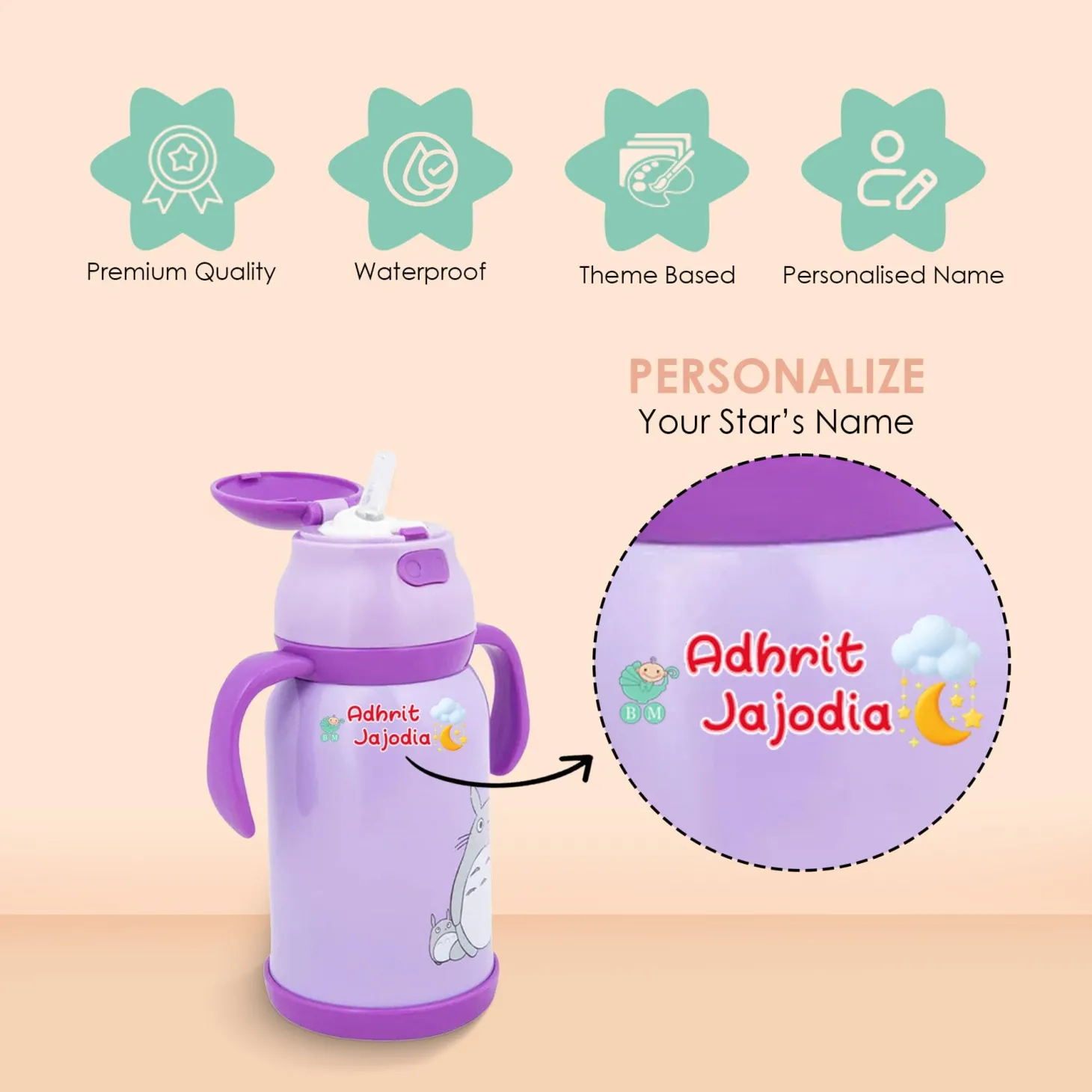 Baby Moo Sun, Aqua, Unicorn, Sweets, Fashion Personalised Name Self Adhesive Transparent Embossed Stickers, 3D Labels 50 Pcs Stationery Set for Children - Pink