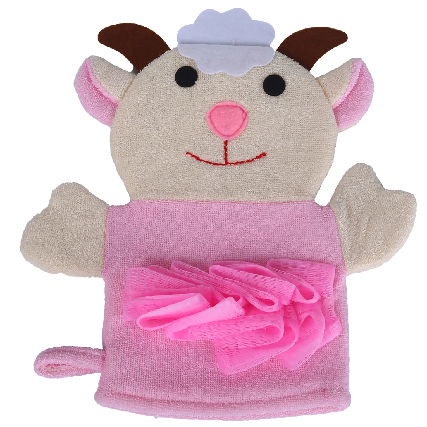 Baby Moo Sweet Cow Bath Time Fun Hand Puppet Loofah Bath Glove - Cream