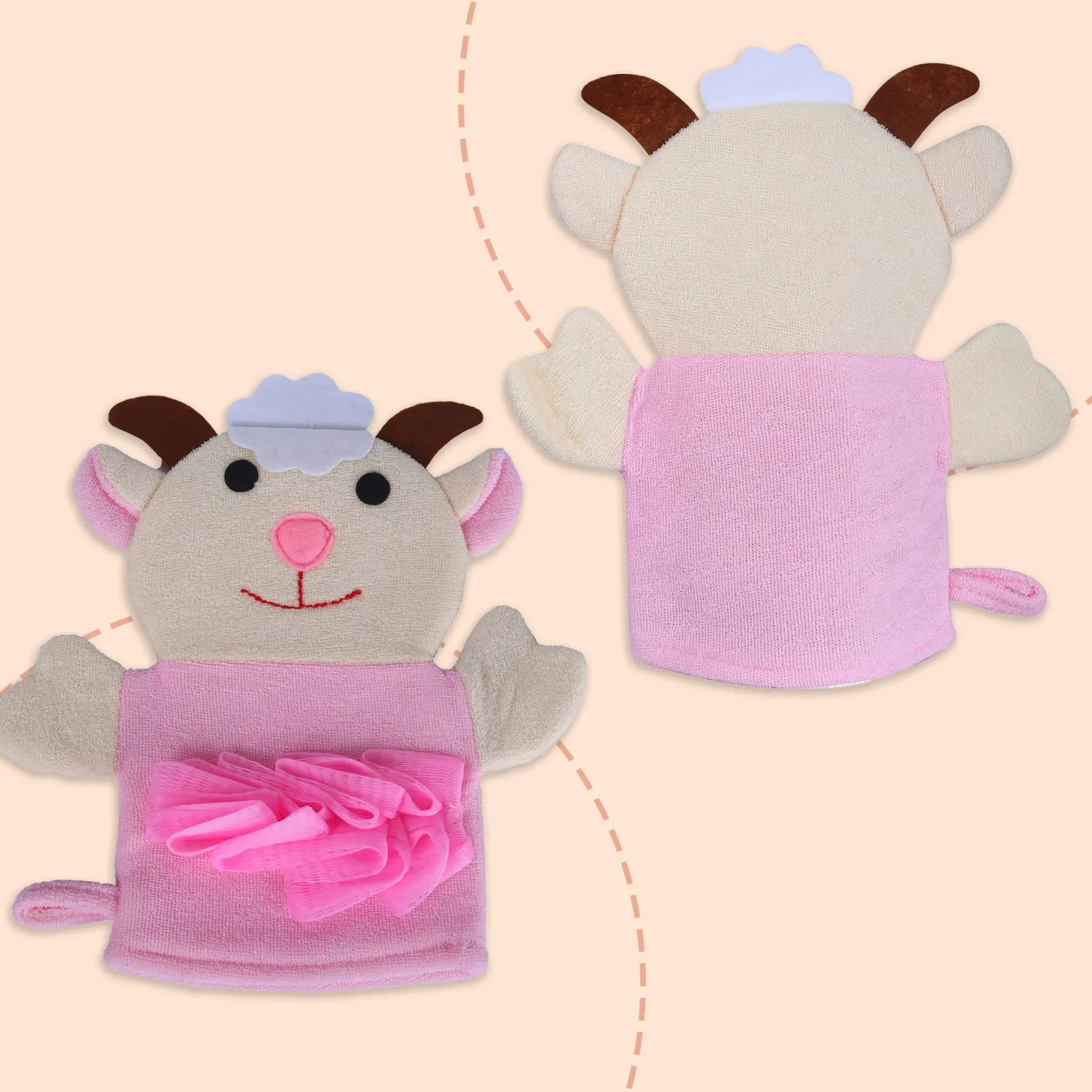 Baby Moo Sweet Cow Bath Time Fun Hand Puppet Loofah Bath Glove - Cream