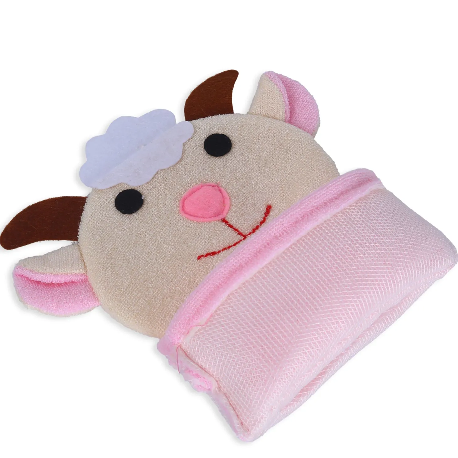 Baby Moo Sweet Cow Bath Time Fun Hand Puppet Loofah Bath Glove - Cream