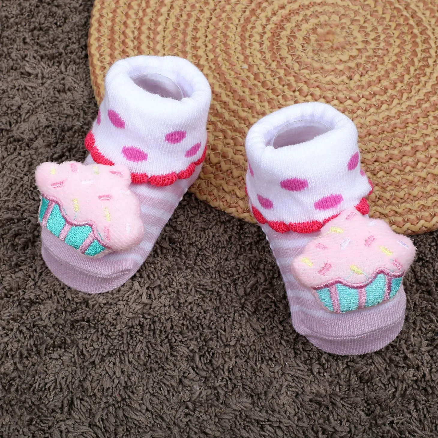 Baby Moo Sweet Cupcake Polka Cotton Anti-Skid 3D Socks - Pink