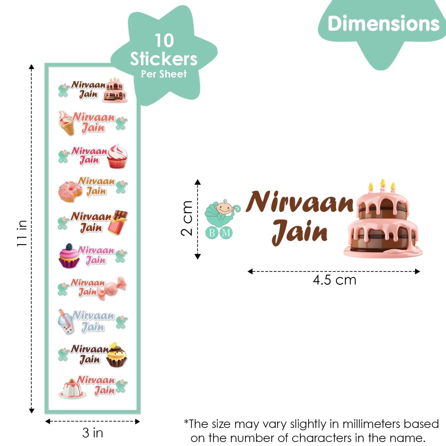 Baby Moo Sweets Personalised Name Self Adhesive Transparent Embossed Stickers, 3D Labels 10 Pcs Stationery Set for Children - Pink