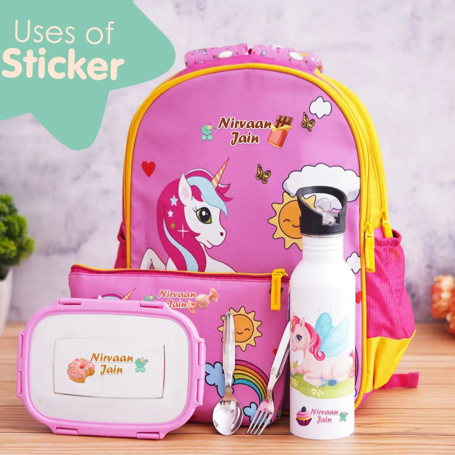 Baby Moo Sweets Personalised Name Self Adhesive Transparent Embossed Stickers, 3D Labels 10 Pcs Stationery Set for Children - Pink