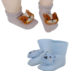 Baby Moo Teddy And Fox 3D Rattle Anti-Skid Socks Booties Pack of 2 - Blue, Rose Gold
