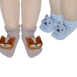 Baby Moo Teddy And Fox 3D Rattle Anti-Skid Socks Booties Pack of 2 - Blue, Rose Gold