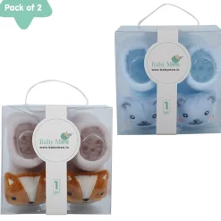 Baby Moo Teddy And Fox 3D Rattle Anti-Skid Socks Booties Pack of 2 - Blue, Rose Gold