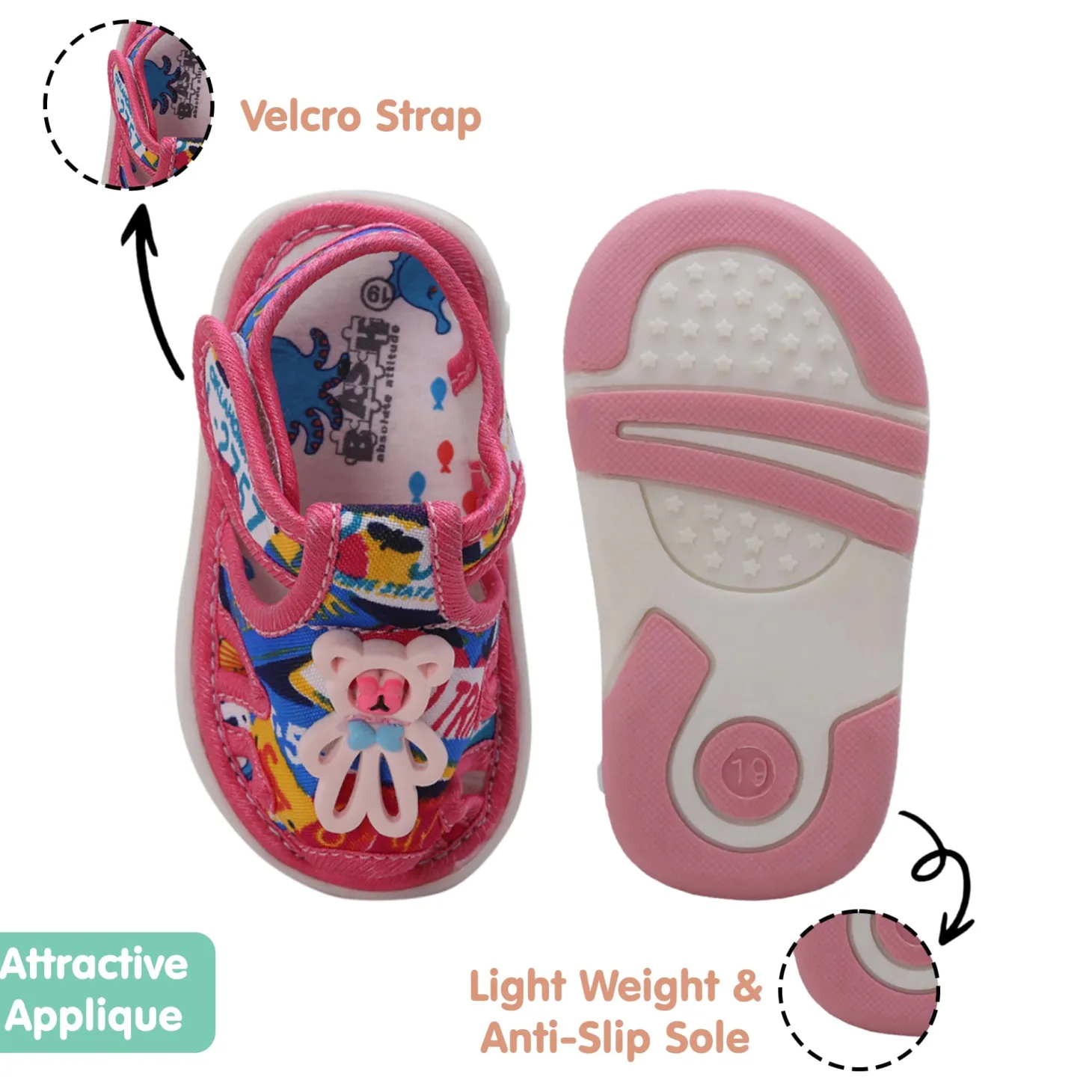 Baby Moo Teddy Applique Velcro Strap Anti-Skid Chu Chu Sound Sandals - Pink