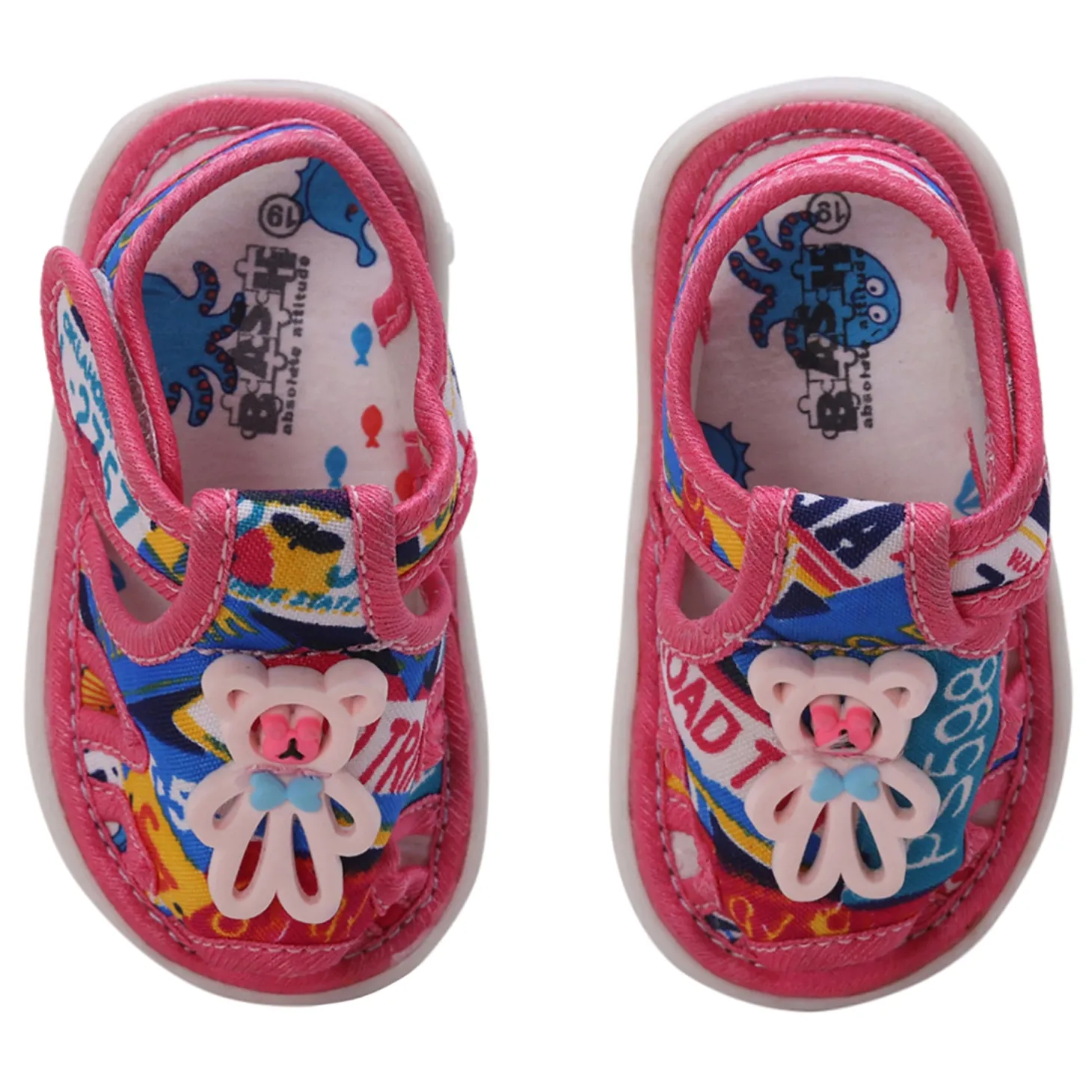 Baby Moo Teddy Applique Velcro Strap Anti-Skid Chu Chu Sound Sandals - Pink