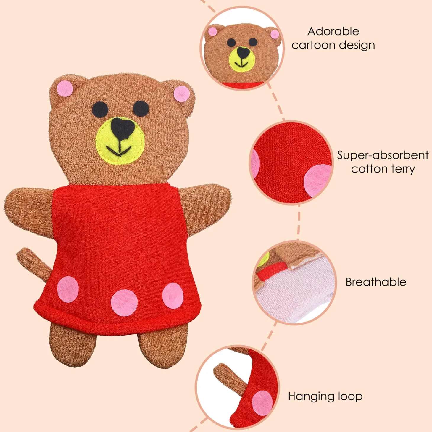 Baby Moo Teddy Bear Bath Time Fun Hand Puppet Loofah Bath Glove - Brown