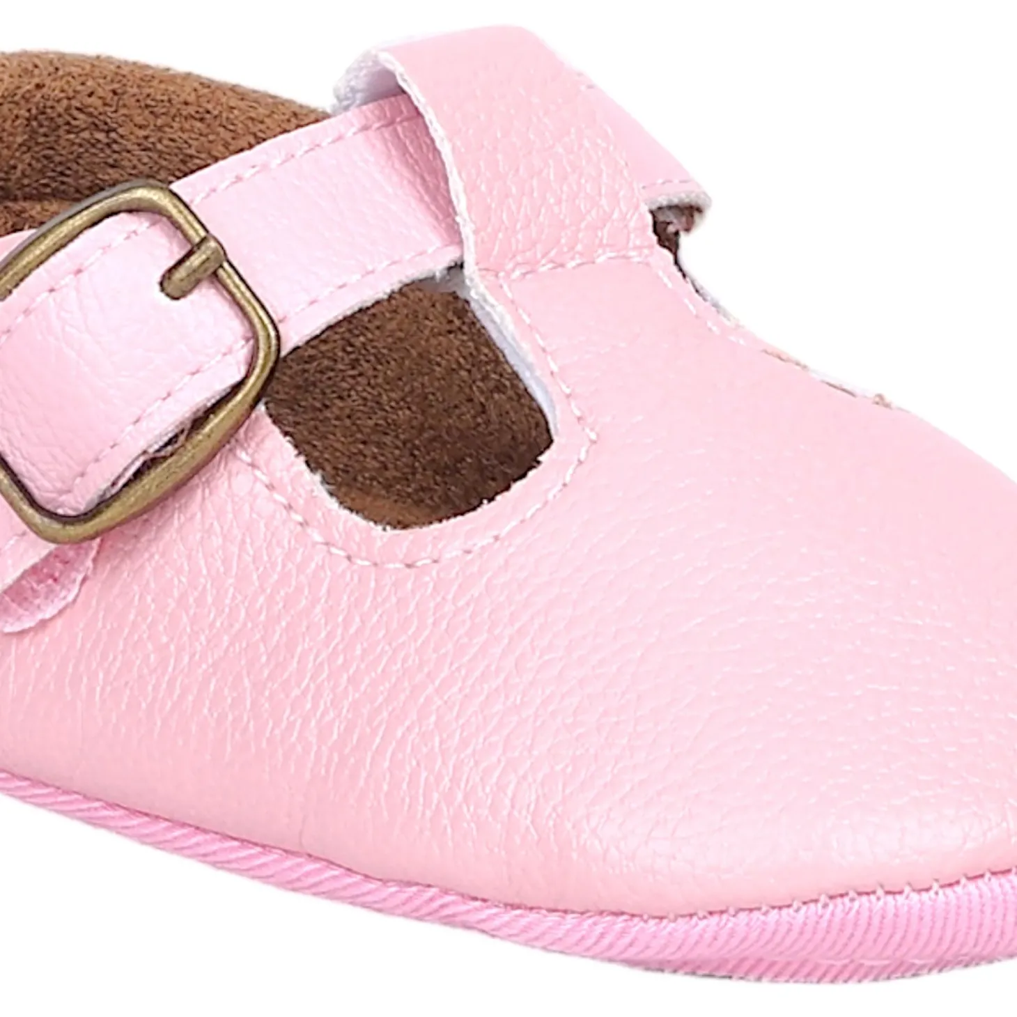 Baby Moo Textured Leather T-Strap Velcro Buckle Anti-Skid Ballerina Pram Shoes - Pink